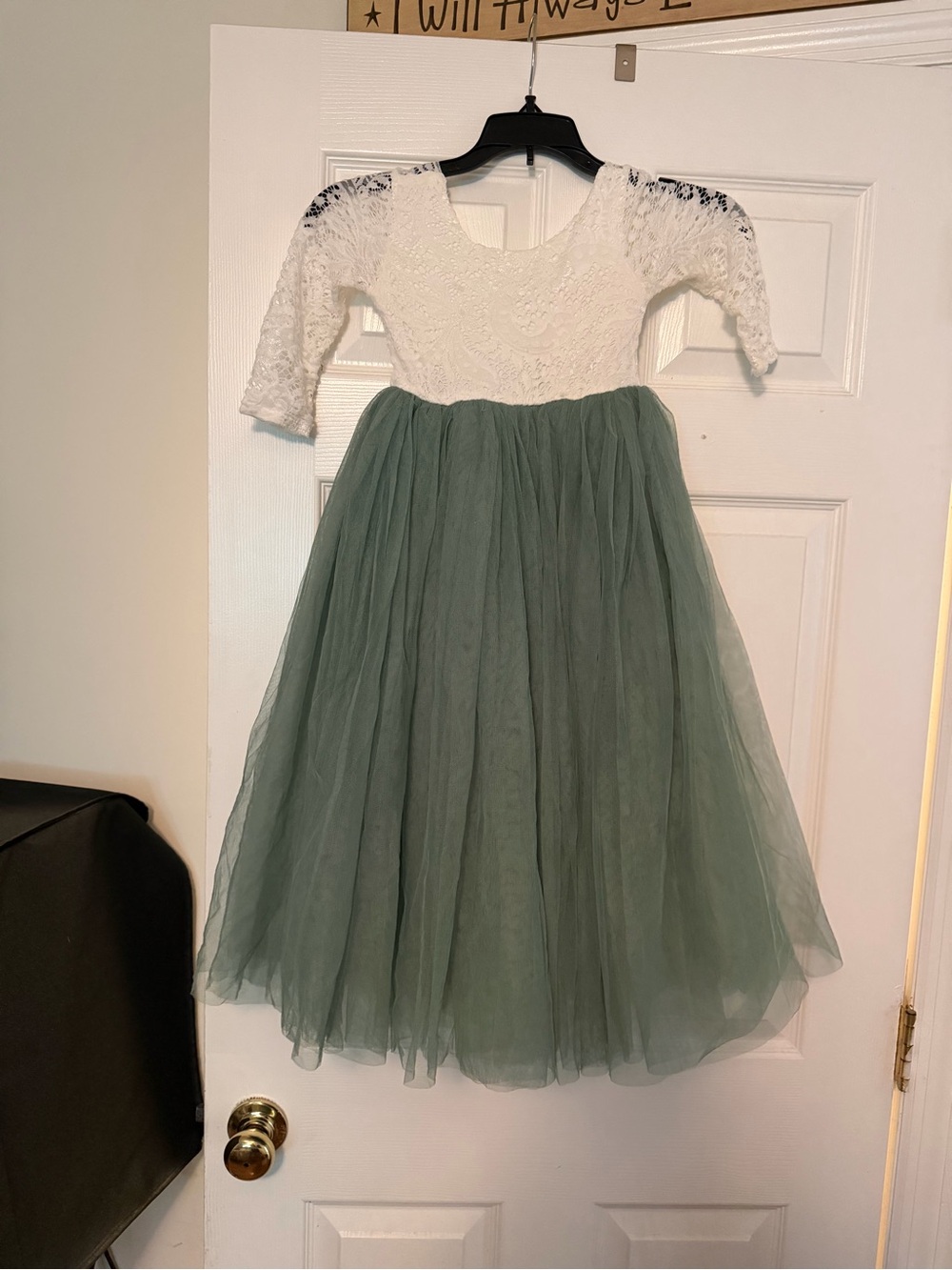 Girls White Lace & Sage Green Tulle Dress